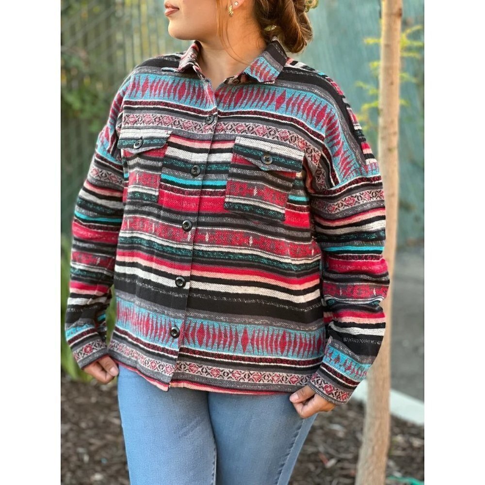 Rock & Roll Denim Women's Stripe Boxy Fit Shacket Jacket Shirt Coat
